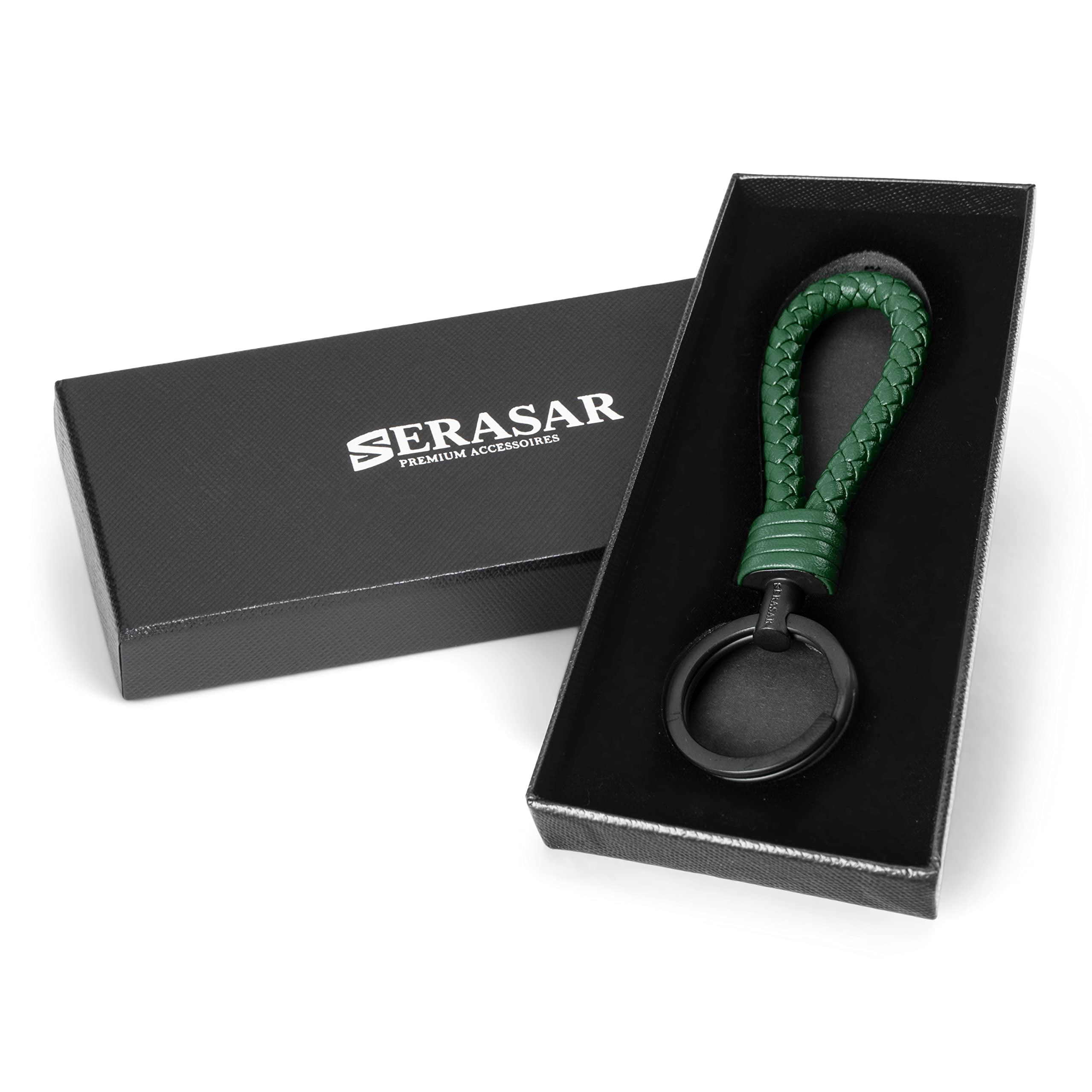 SERASAR Keychain Leather [Strong] Green, Stainless Steel Key Ring Men Gifts