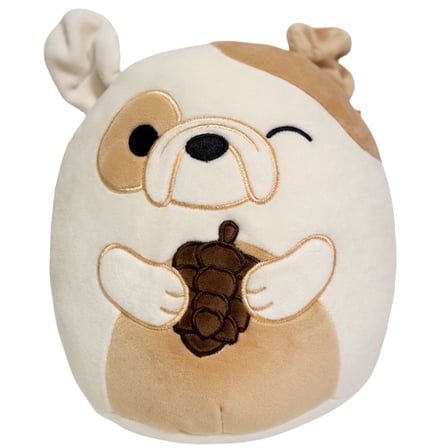 Squishmallows 8-Inch Harvest Brock Bulldog Plush Toy – Winking White and Tan Dog Holding Pinecone