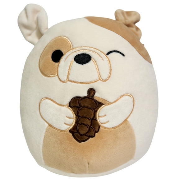 Squishmallows 8-Inch Harvest Brock Bulldog Plush Toy – Winking White and Tan Dog Holding Pinecone