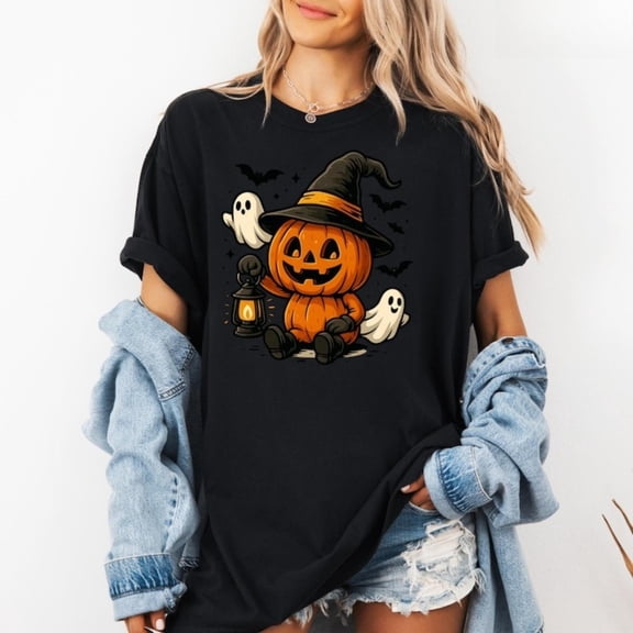 Funny Pumpkin Ghost Halloween T-Shirt for Women, Graphic Tee, Regular Fit, Spooky Fall Top，Crew neck，Cute，cotton，black，S-5XL