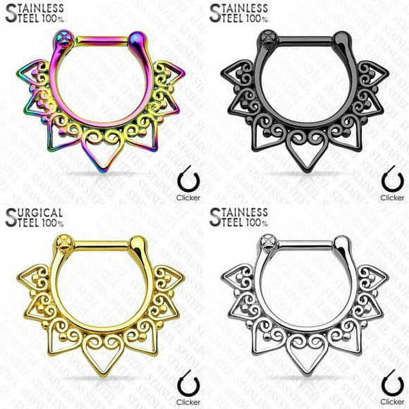 16ga Septum Piercing Clicker - Heart Tribal Fan All 316L Surgical - 4 Color Options