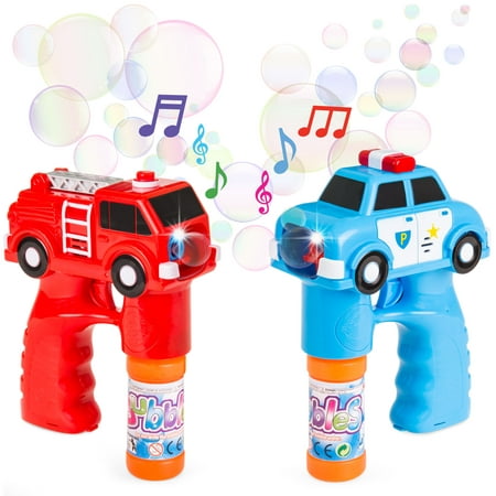 Best Choice Products 2-Piece Kids Bubble Blower Gun Blaster Fire Truck Police Car Toys w/ LED Flashing Lights, Sounds, 4 Bubble Solution Bottles - (Best Heavy Machine Gun)