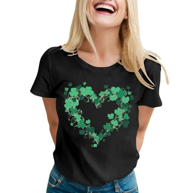 LUOGENLI T-shirts pour Femmes 2024 Mode Féminine Jour de la Saint-Patrick Imprimé Col Rond Manches Courtes Haut Décontracté t-Shirt (5) T-shirts pour Femmes Tee Graphique Saint-Valentin Noir TTG