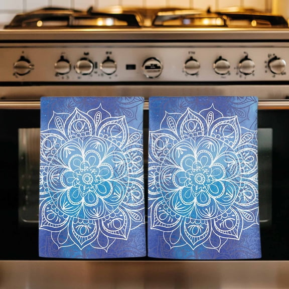 Boho Flowers Kitchen Towels Set of 3, Blue Floral Bohemian Vintage Country Absorbent Dish Towels for Kitchen, Microfiber Hand Towel, Quick Drying Tea Towel for Cleaning Decorative Dishcloths
