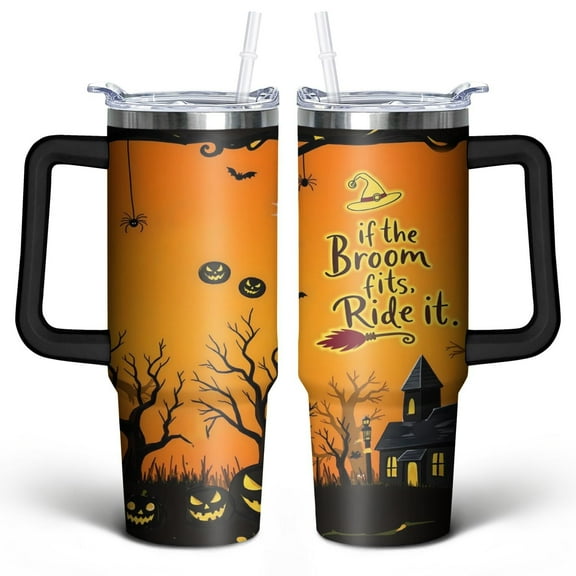 Black Castle on Halloween 30 Oz Tumbler with Handle Lid and Straw, Stainless Steel Double Walled Vacuum Insulated Cup, Cute Birthday Gifts Tumbler for Women Men Friends