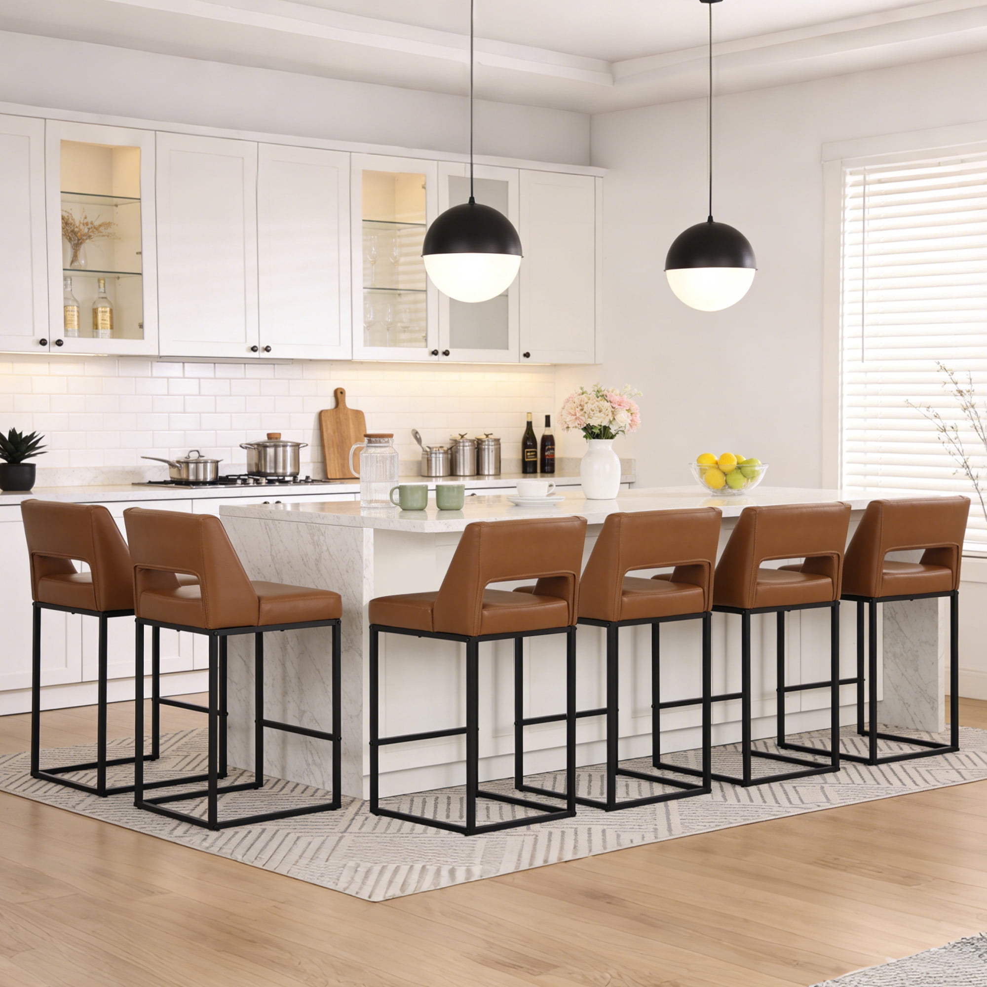 ClinQ Counter Height Bar Stools Set of 2, Hollow Back Kitchen Island Barstools, Upholstered Faux Leather Counter Stools with Metal Frame, Brown