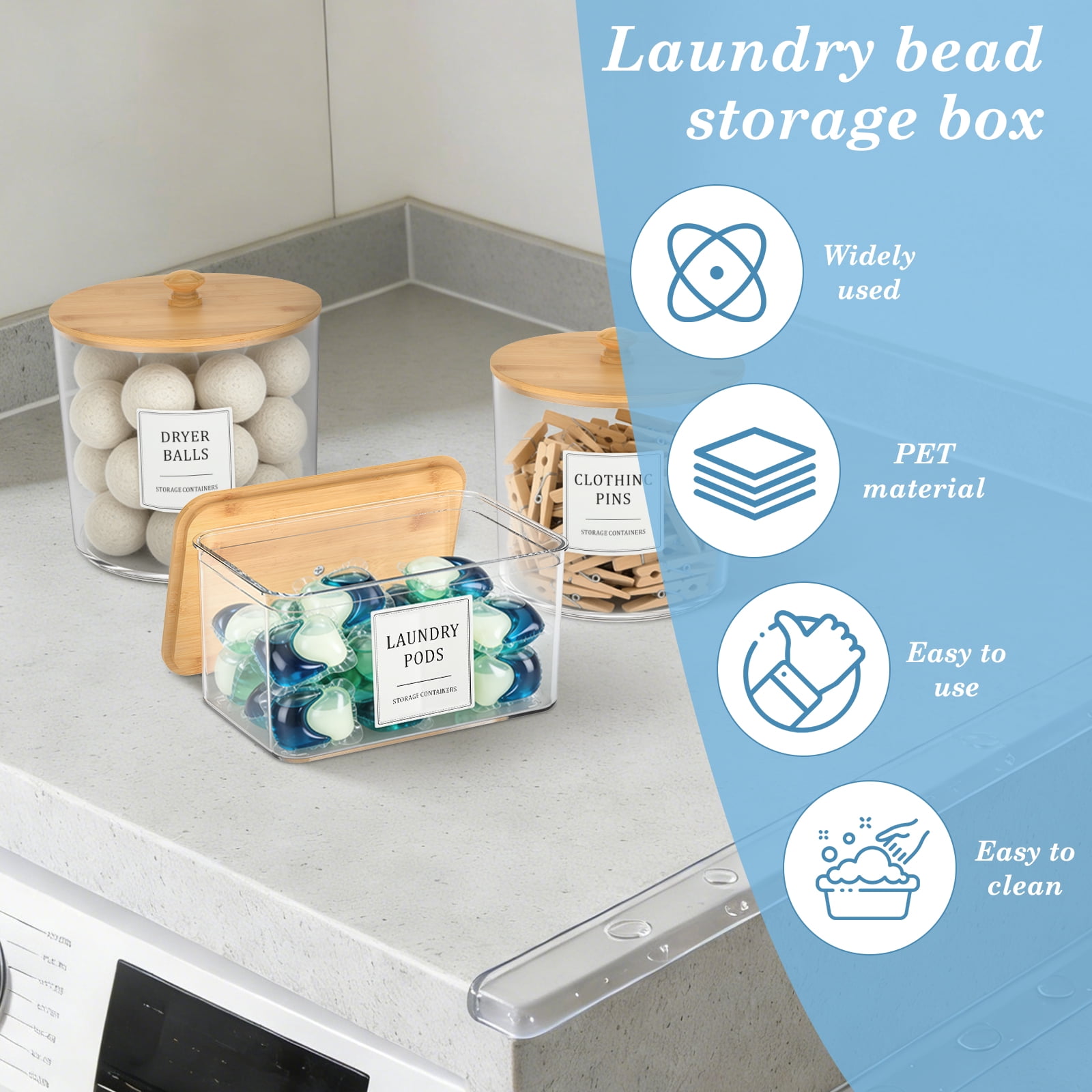 FUYGRCJ 3 Pack Laundry Pods Container, Clear Laundry Detergent Powder Storage Containers, Laundry Room Organization Container with Wooden Lid & Label, Laundry Pod Holder for Scent Booster, Dryer Ball