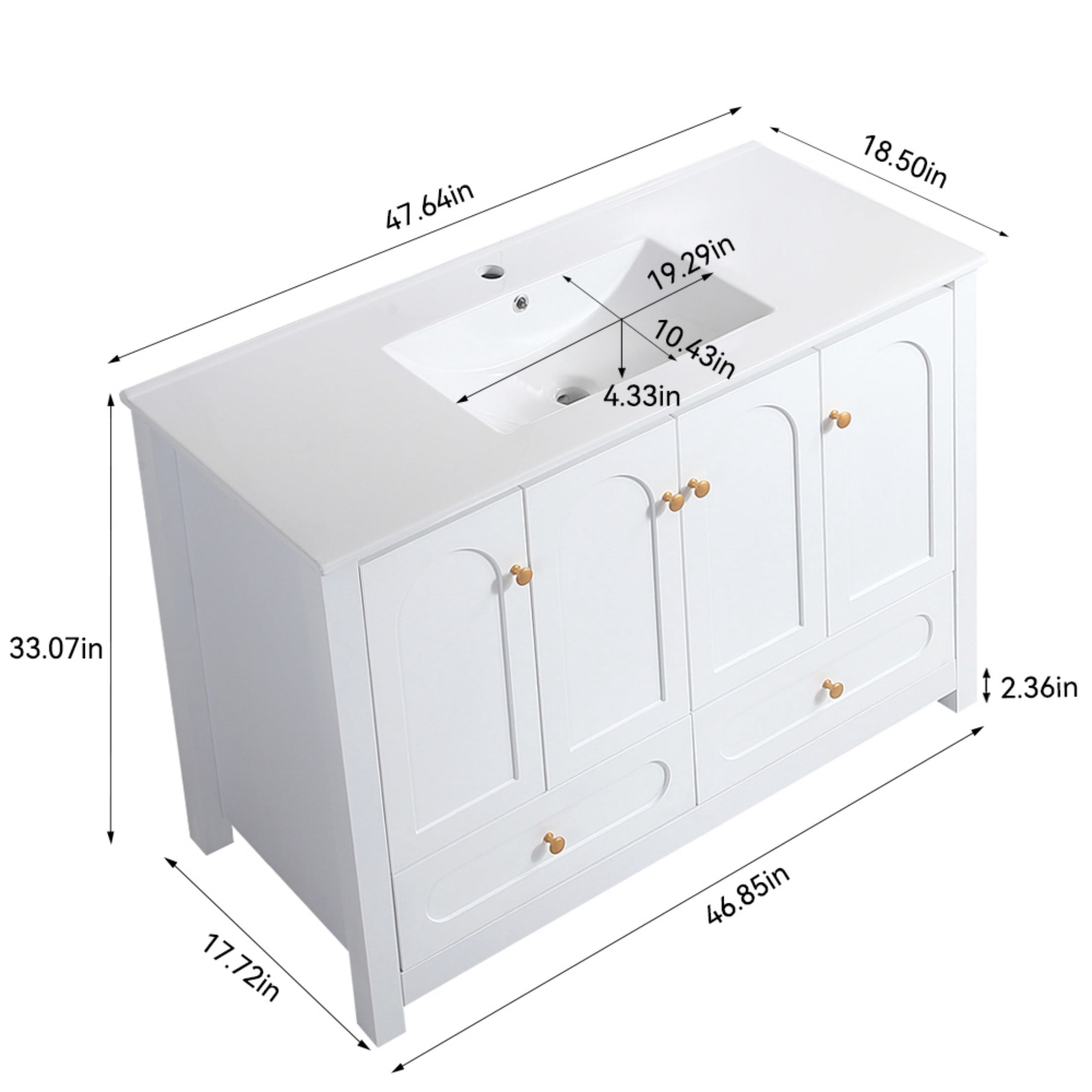 48"Bathroom Vanity, Bathroom Storage Cabinet with 4 Soft close doors and 2 drawers, Freestanding Bathroom Vanities with Sink, White