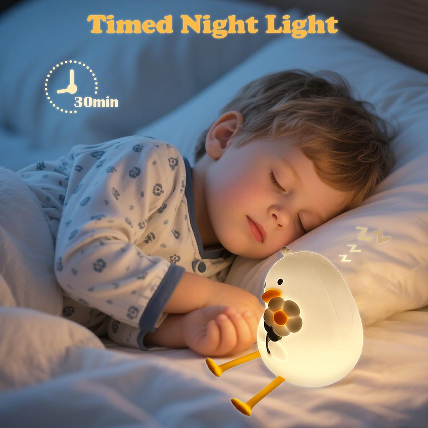 Night Light for Kids, Cute Duck Silicone NightLight with Timer, Rechargeable Nursery Light, LED Squishy NightLights, Safe Bedside Lamp, Dimmable Animal Night Lamp for Boys Girls Toddler