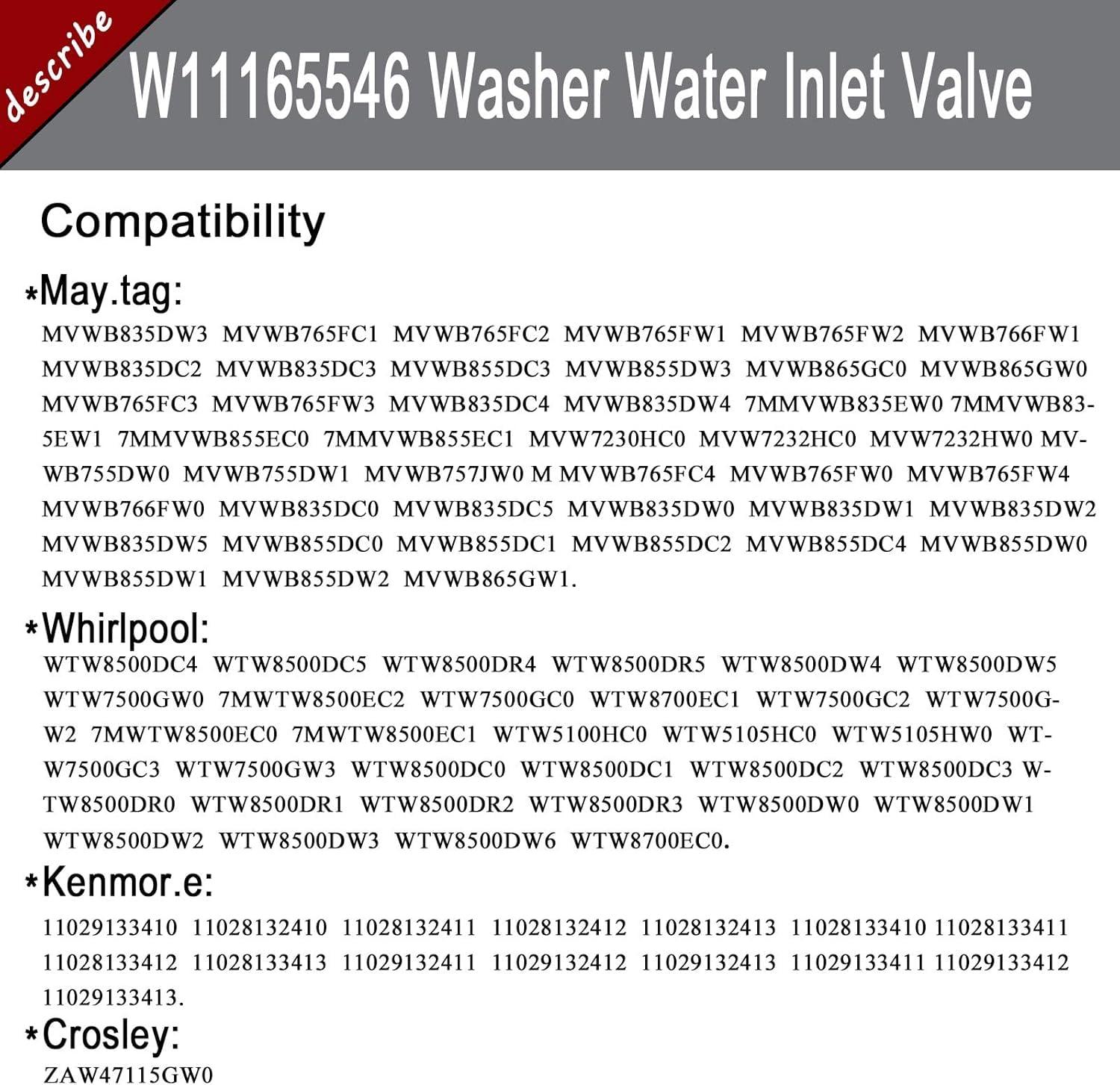 W11165546 W10758828 Washer Water Inlet Valve - Compatible with Maytag &Whirlpool Washing Machine wm0642hw wm0642hw mah7500aww,mvwb765fw0 mvw6230hw2 Replace#w11096267