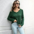 thumbnail image 6 of Women'S Casual V Neck Long Sleeve Chunky Knit Off Shoulder Pullover Tops Green L, 6 of 8