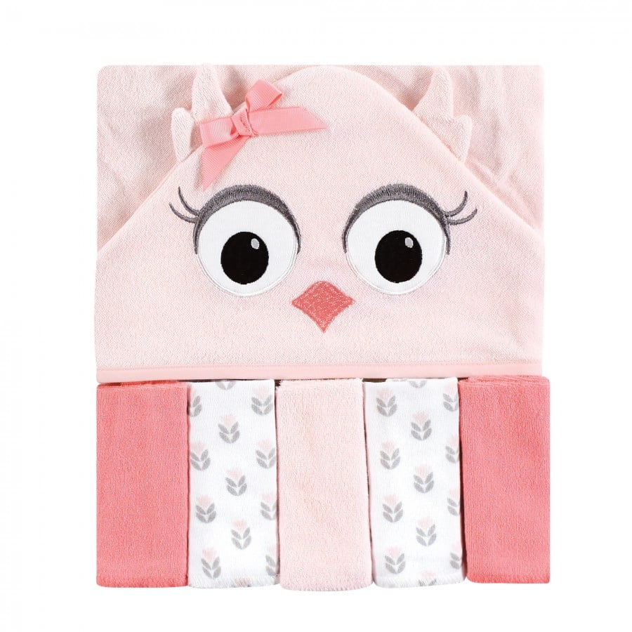Hudson Baby Infant Girl Hooded Towel and Five Washcloths, Pink Owl, One Size