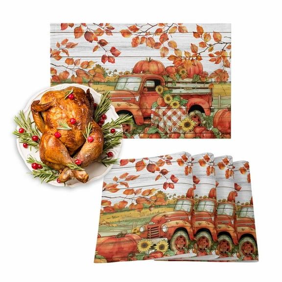 Fall Placemats Set of 4 Pumpkin Fruit Place Mats Thanksgiving Placemat Truck Leaves Floral Plant Wood Grain Table Mats for Dining Kitchen Table Holiday Dinner Party Home Fall Decorations 13x19 Inch
