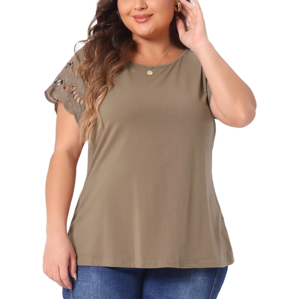 Agnes Orinda Blusas de verano para mujeres de talla grande con panel de encaje y mangas cortas huecas 2X marrón
