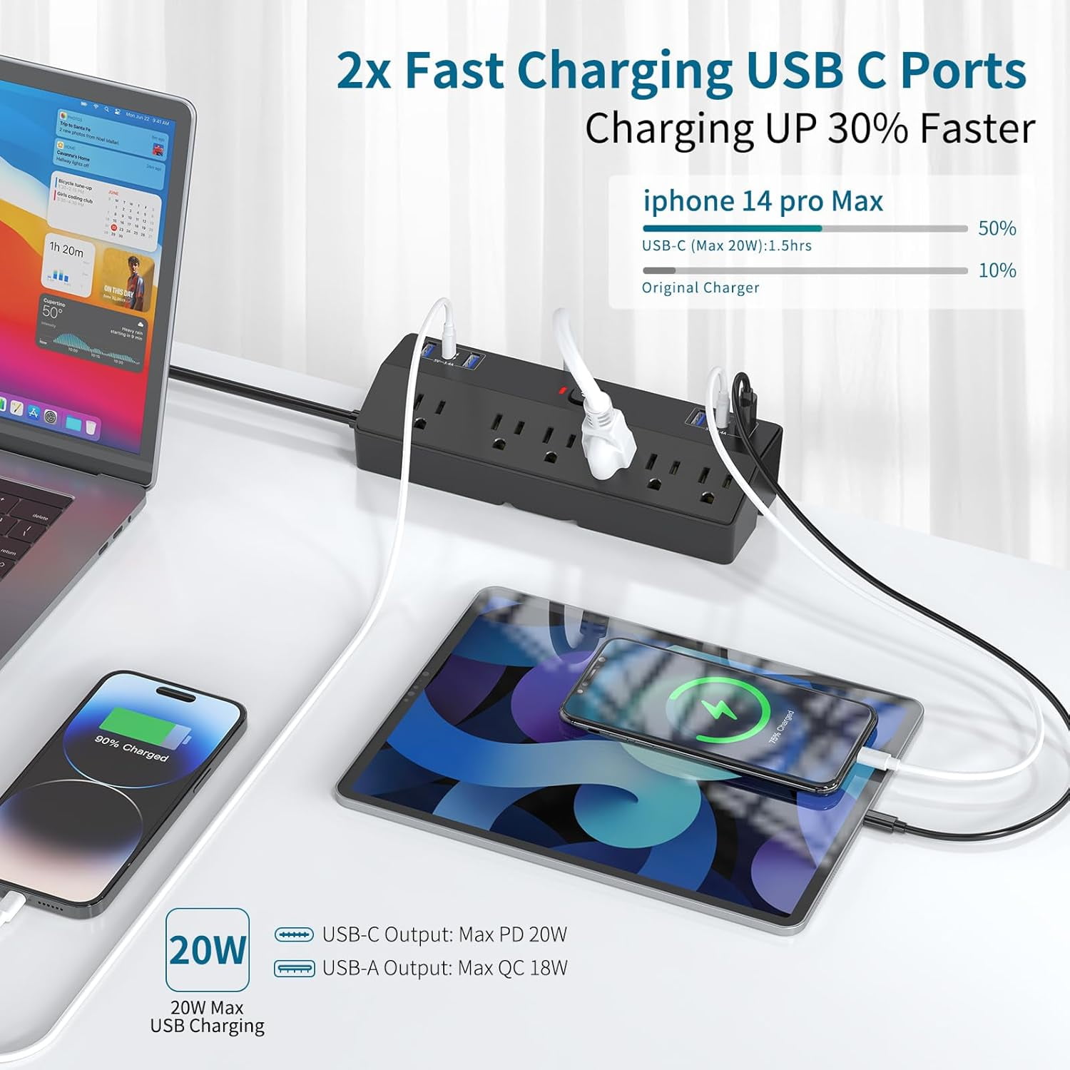 Desk Clamp with 40W Fast Charging Station, 10FT Flat Plug Desk Mount Surge Protector, Removable Extension Cord with 2 USB-C Ports 6 Outlets, Fits 1.8" Tabletop Edge