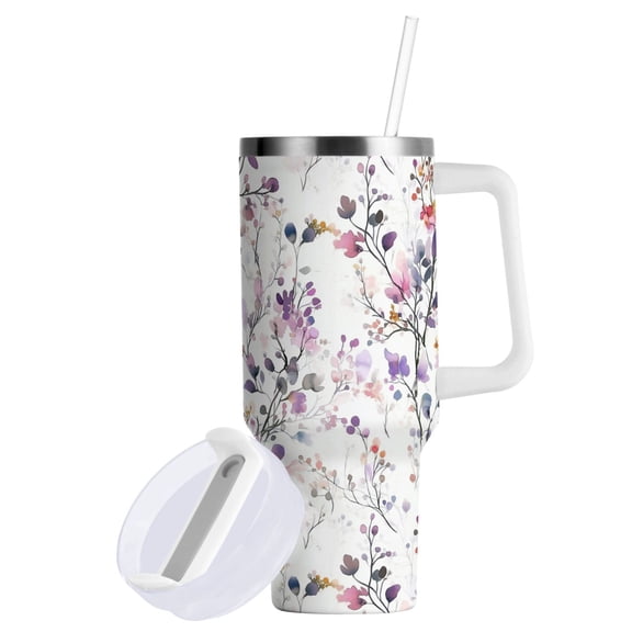 Yayeee 40oz Stainless Steel Tumbler with Straw and Handle Double-Wall Insulated Travel Water Bottle, Purple Wildflowers