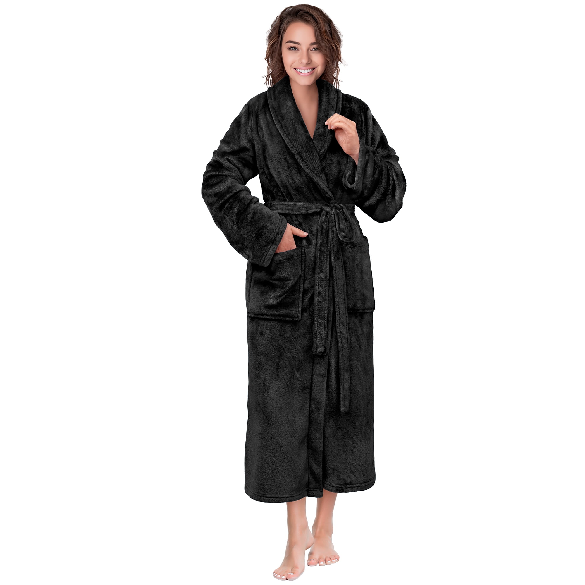 PAVILIA Black Womens Robe, Fleece Plush Soft Fluffy Bathrobe, S/M