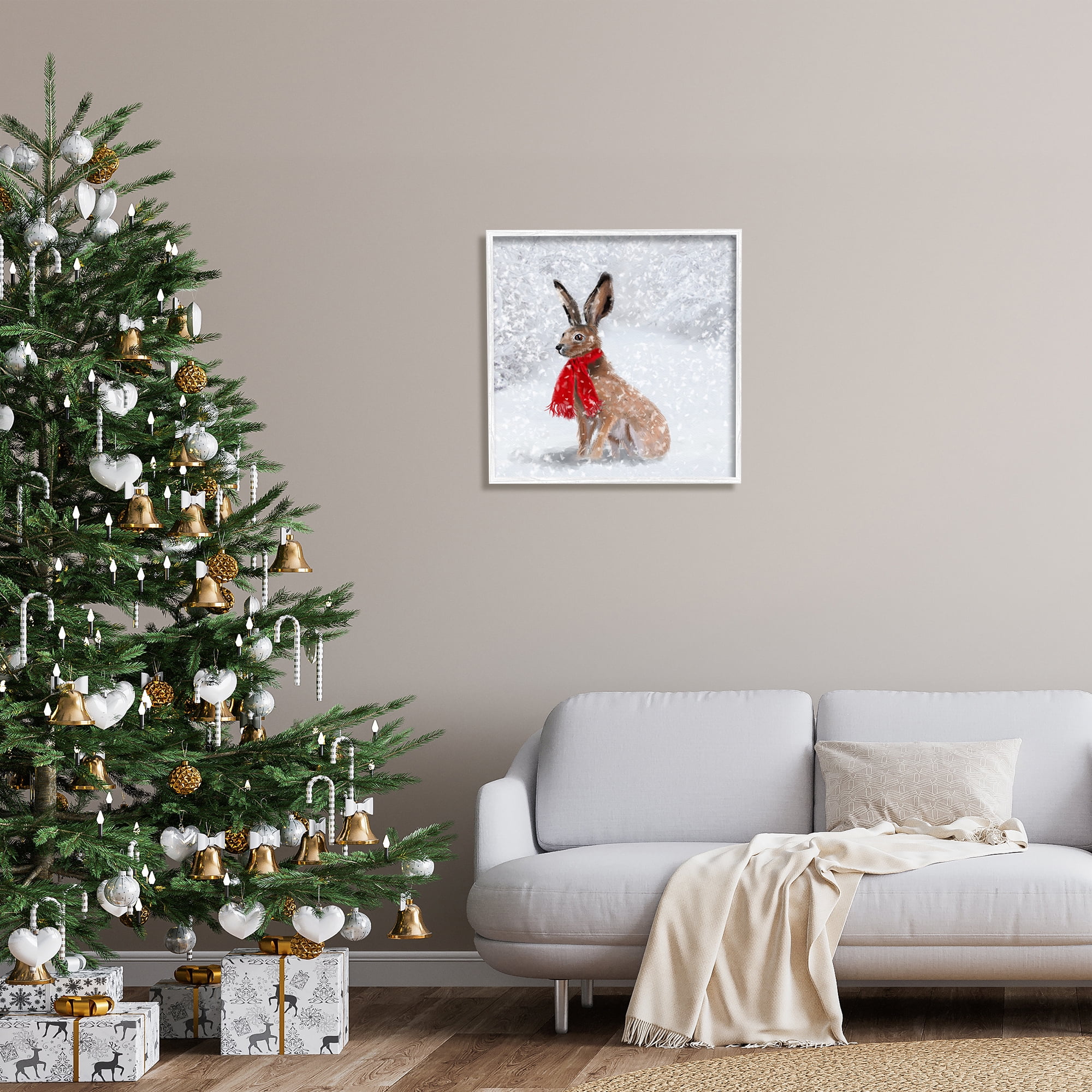 Stupell Industries Winter Rabbit Scarf Landscape Holiday Painting White Framed Art Print Wall Art