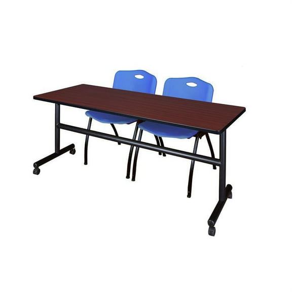 72" x 30" Flip Top Mobile Training Table- Mahogany and 2 "M" Stack Chairs- Blue