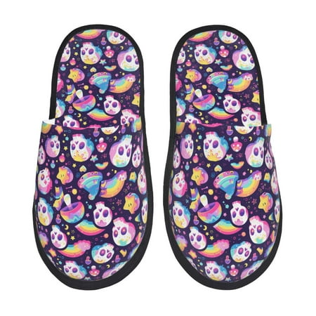 Balery Skull colorful mushroom rainbow Slient Indoor Furry Fleece Comfort House Shoes Soft Non-Slip Home Shoes Cotton slippers House Slippers-- Large