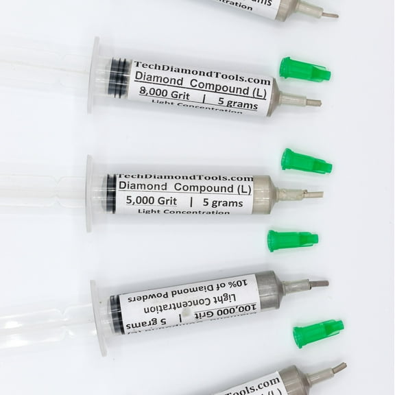 TechDiamondTools Diamond Polish Paste Set of 5 Syringes X 5 Grams (L), Polish Finishing Compound, Sizes 5000 8000 14000 50000 100000 Grit, Mesh - With Light(10%) Concentration of Diamond Powders