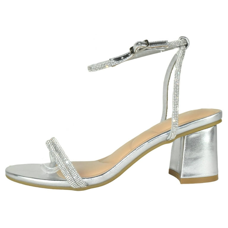 Top Moda Shoes Women Block Short Heels Open Toe Ankle Strap Bling