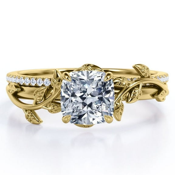 JeenMata Pave Design 1.75 Carat Cushion Cut Moissanite Vine Leaf Bridal Ring Set in 18K Yellow Gold Plating over Silver