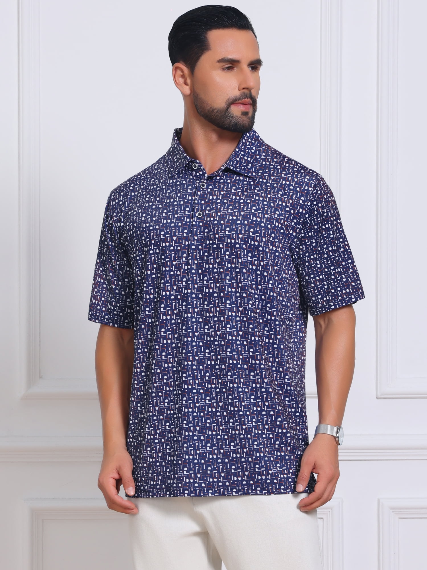 DARING DIVA Men's Printed Short Sleeve Lightweight Breathable Polo Shirts L Dark Blue