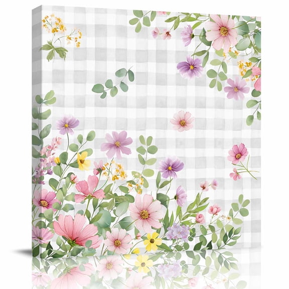 Framed Canvas Wall Art for Living Room Wildflower Wall Decor, Green Eucalyptus Leaves Grey Plaid Aesthetic Paintings for Bedroom Office Kitchen Bathroom, Ready to Hang Artwork Wall Pictures 8x8 Inch
