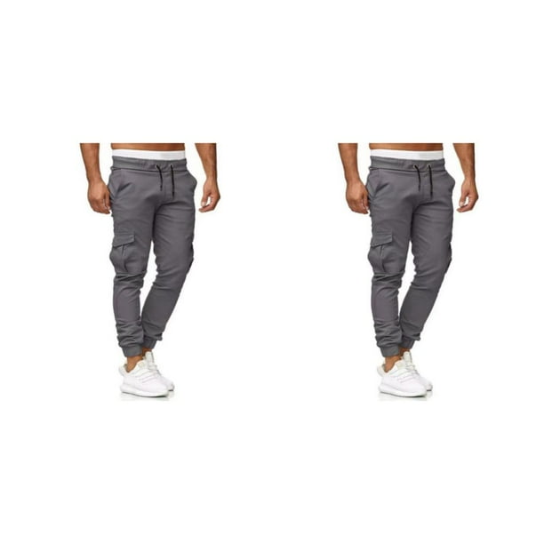 Qarigey Pantalones de algodón para hombre, Color sólido, elegante, con varios bolsillos, lavable, fácil de combinar, con cordón, pantalón gris claro SG 2piezas