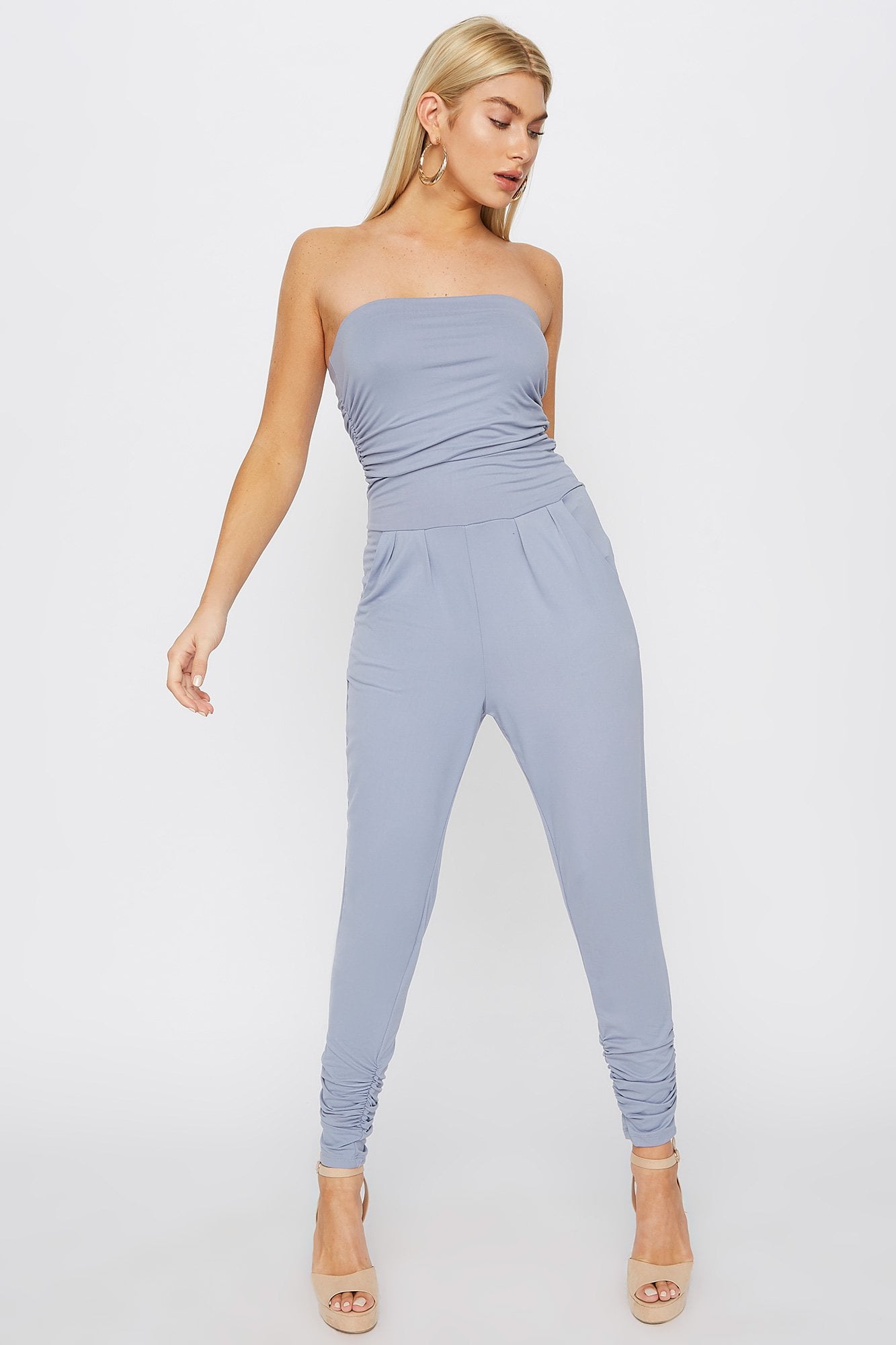 strapless ruched jumpsuit