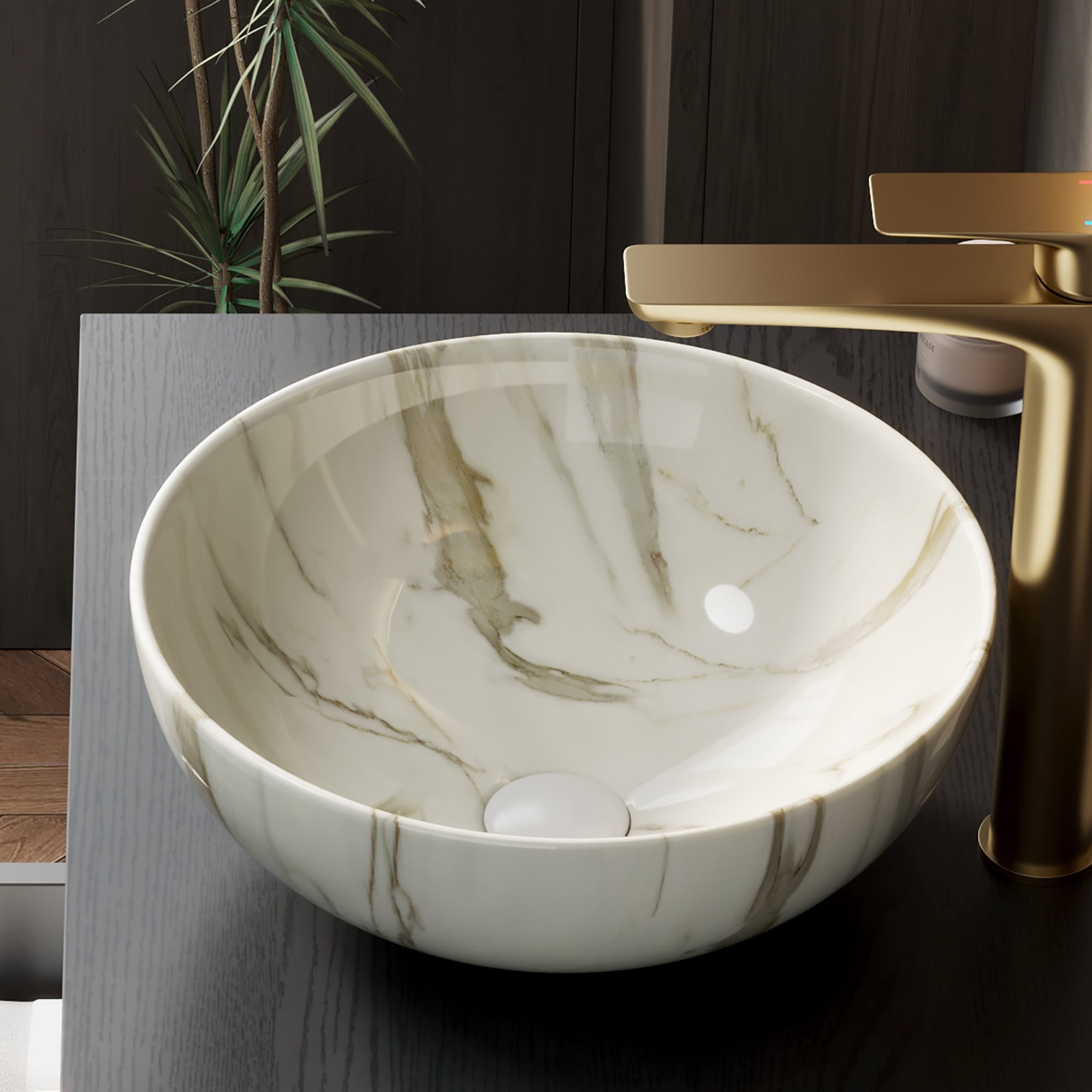 Wohh 14 Inch Bowl Shape Bathroom Sink with Marble Pattern, Small White Ceramic Integrated Countertop Vessel Sink, 14.17 x 5.51 Inch Durable Porcelain Vanity Basin for Vanity Storage Cabinet Use