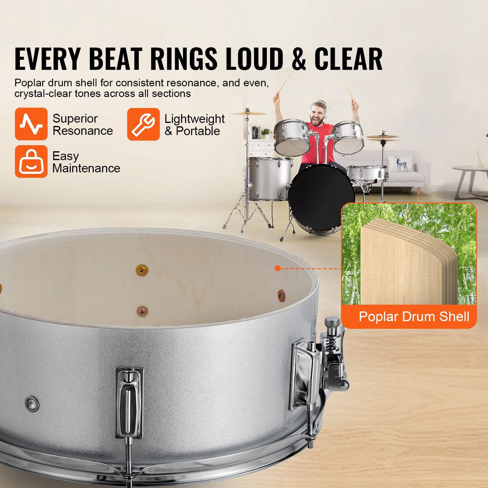 Adult Drum Set, 5-Piece, 22 inches Complete Full Size Drum Kit with Bass Toms Snare Floor Drum Adjustable Throne Stands Cymbal Hi-Hat Pedal and Drumsticks, Beginner Drum Kit for Adults, Silver