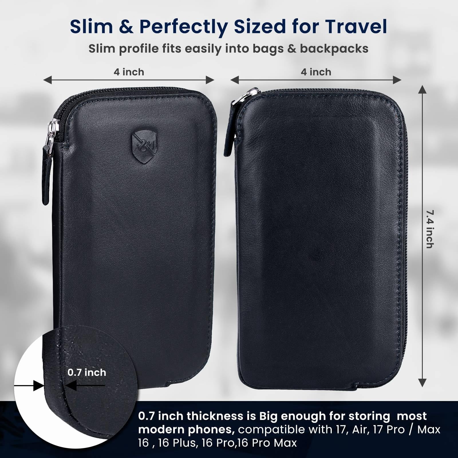 ALLEN & MATE Genuine Leather Phone Pouch Case Sleeve with Zip – Slim Mobile Phone Holder Wallet for Passport ID and Cards Fits iPhone 17 Pro Max, 16, 15 Samsung Galaxy S25 & Android - Black