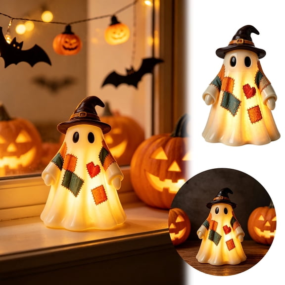 Halloween Cute Witch Hat Ghost LED Night Light Figurine, Spooky Patchwork Ghost Statue, Halloween Decorations for Tabletop, Desk, Home & Party Display