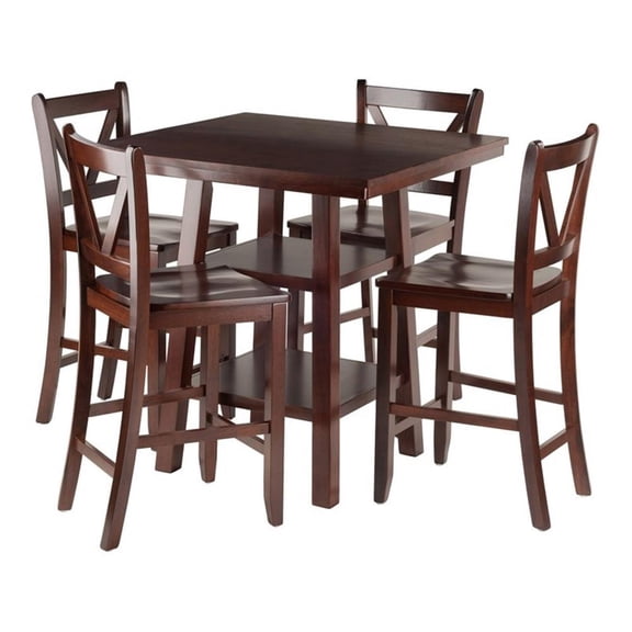 Winsome Wood Orlando 5-Pc Set High Table, 2 Shelves & 4 V-Back Counter Stools, Walnut Finish