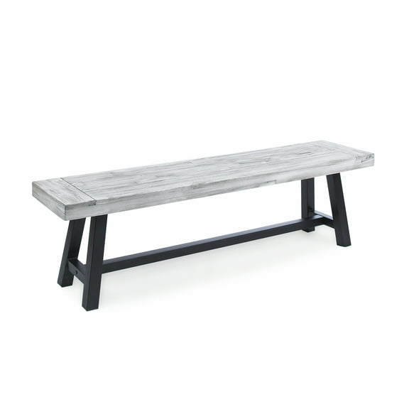 Noble House Bennett Indoor Farmhouse Acacia Wood Dining Bench, Sandblast Light Grey, Black Rustic Metal