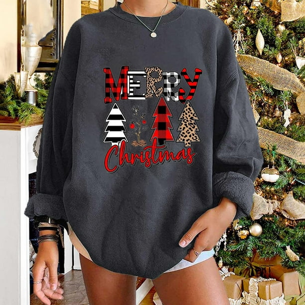 Tops Navidenos Para Mujer Blusas de Manga Larga Moda Arbol de Navidad Estampado de Cuello Redondo Camiseta Suelta Otono Jersey Sudaderas Sin Capucha Odeerbi ODB192815 Bodega Aurrera en linea