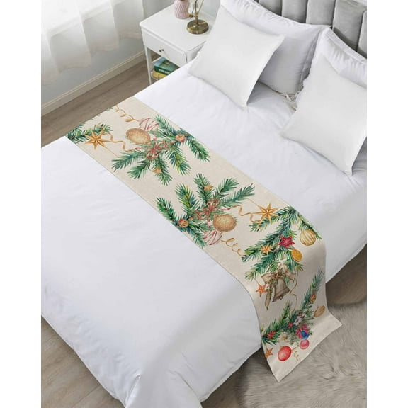 Christmas Bed Runner for King Size Bed, Xmas Balls Botanical Pine Needle Rustic Bedspread Protector Slipcover Bed Scarf for Foot Bed Runners & Scarves for Bedroom Hotel Wedding Room 102x20 Inches