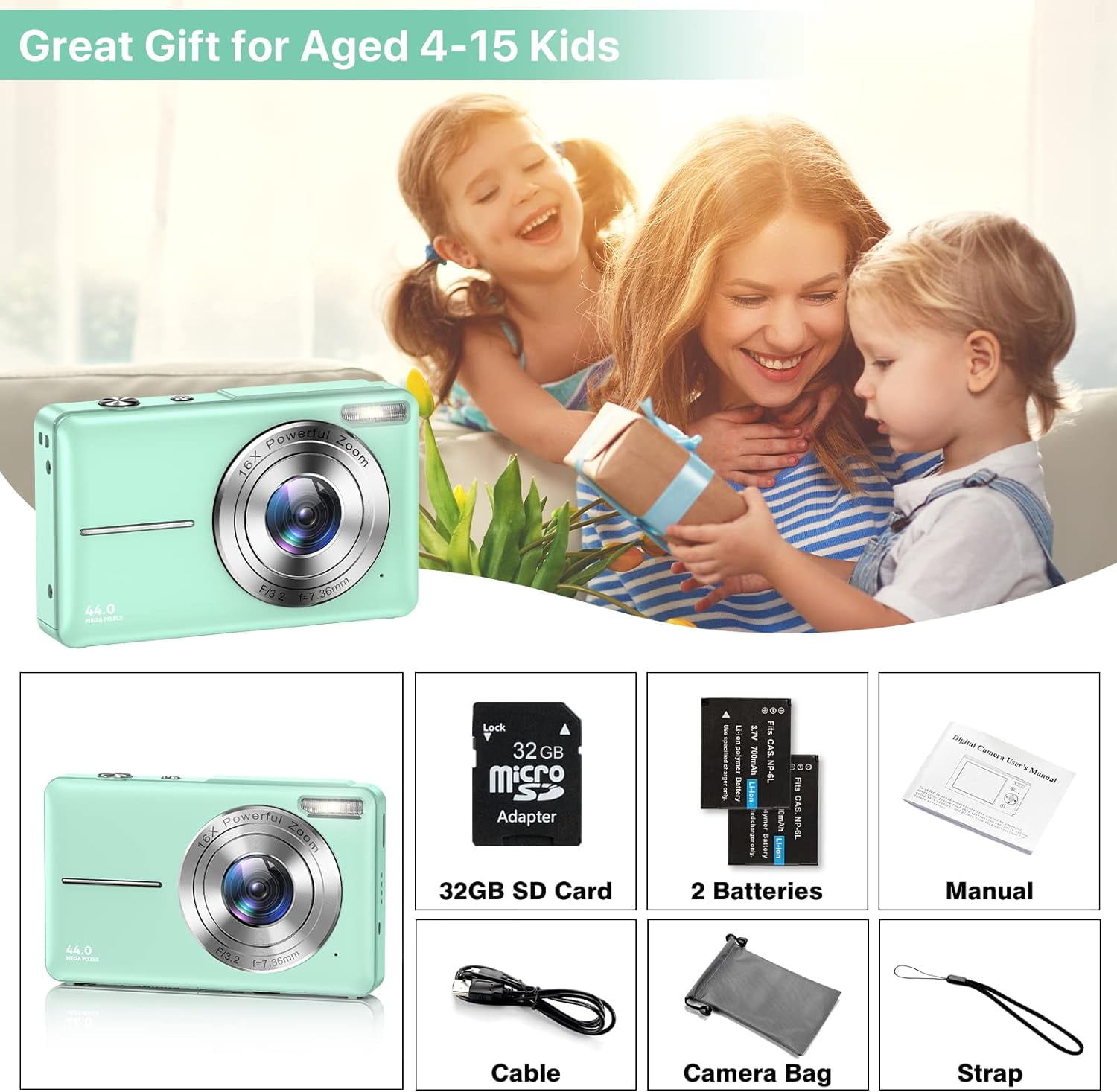 Digital Camera Kids Camera FHD 1080P 44MP Vlogging Cameras with 16X Digital Zoom for Kids Teens Seniors with 32GB Card (Green)