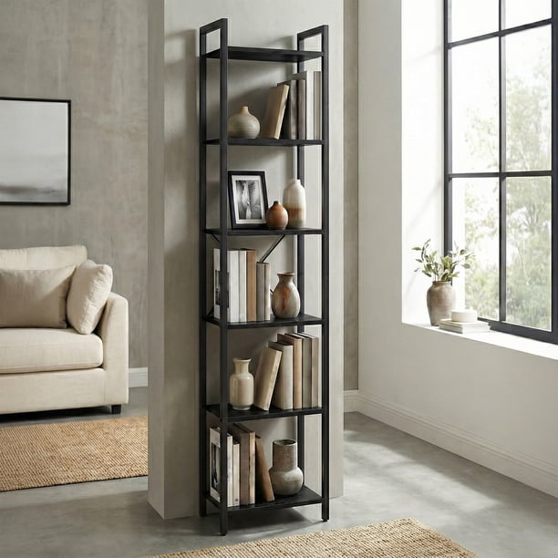 VASAGLE Librería de 6 Niveles, Biblioteca, Estantería para Oficina, Salón, Dormitorio, 30 x 40 x 186 cm, Industrial, Negro Ébano y Negro Tinta