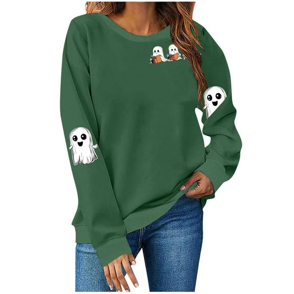 JSheng Women's Halloween Printed Sweatshirts Ladies' Fashion Long sleeve Round Neck Printing Comfy Pollover Tops Army Green L