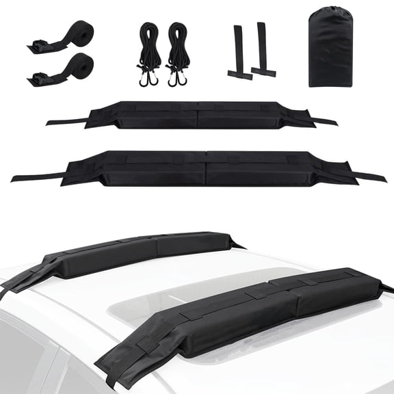 Soft Roof Rack Pads for Crossbars Protective, Water-Resistant Pads Surfboard Car Rack SUP Kayak Canoe, Universal for Cross Bars, Include 2 Tie Down Straps, Ropes, Hood Loops and Storage Bag