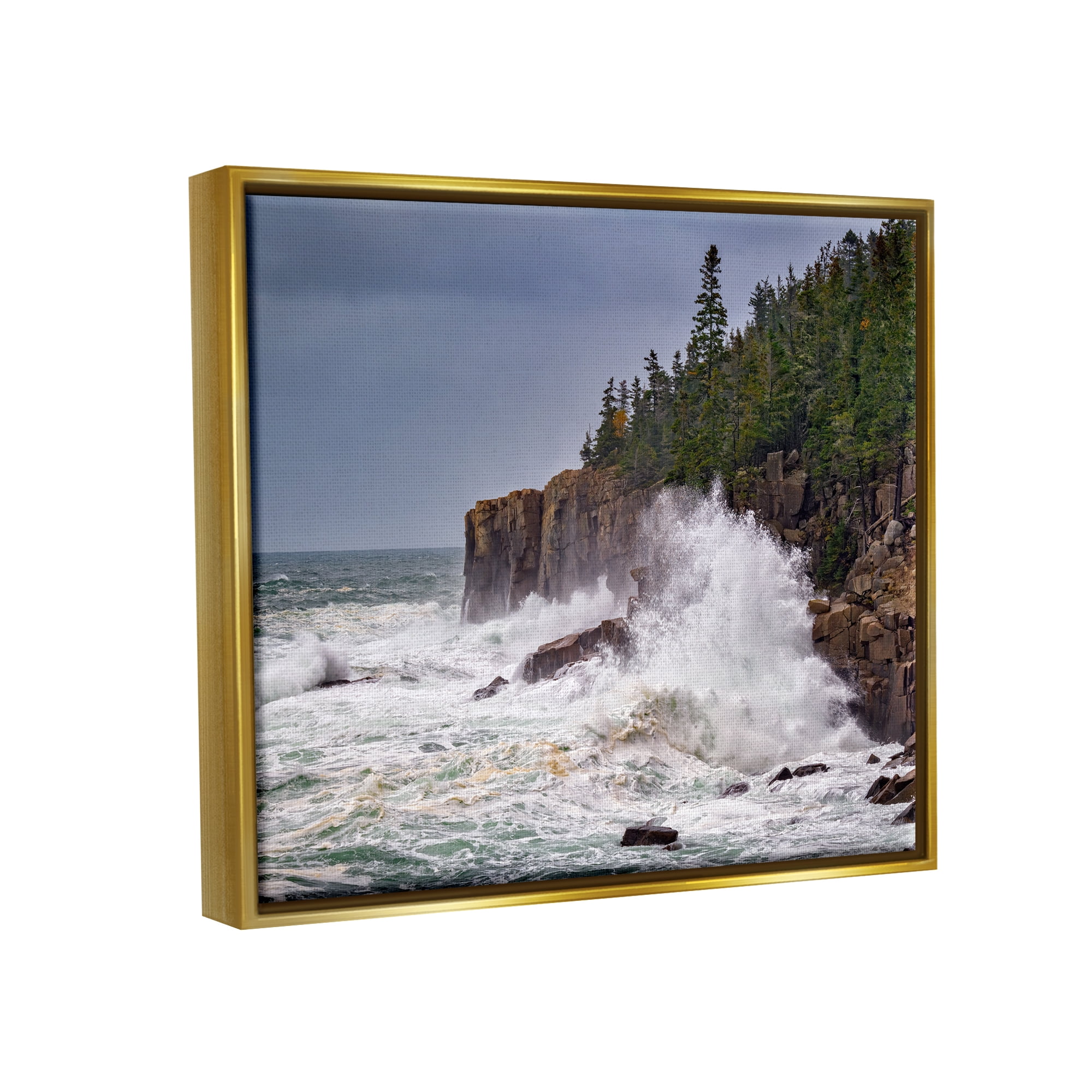 Stupell Crashing Ocean Waves Cliff Wall Landscape Photography Gold Floater Framed Art Print Wall Art