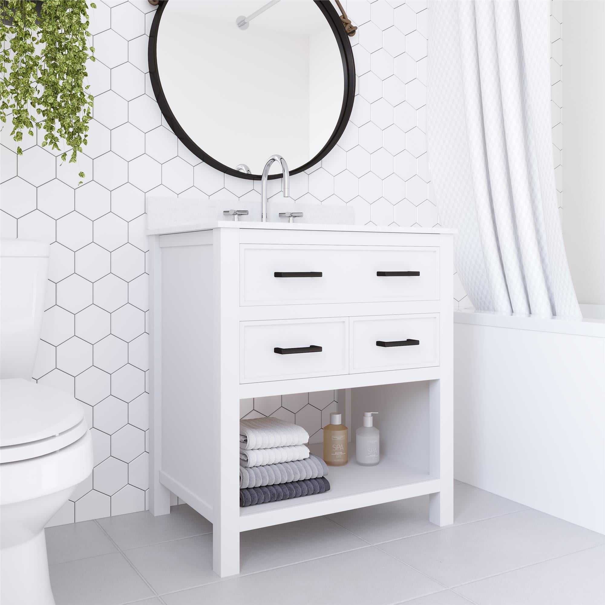 DHP Maine 30 Inch Bathroom Vanity with Carrera Countertop and Rectangular  Ceramic Sink, White/Black 