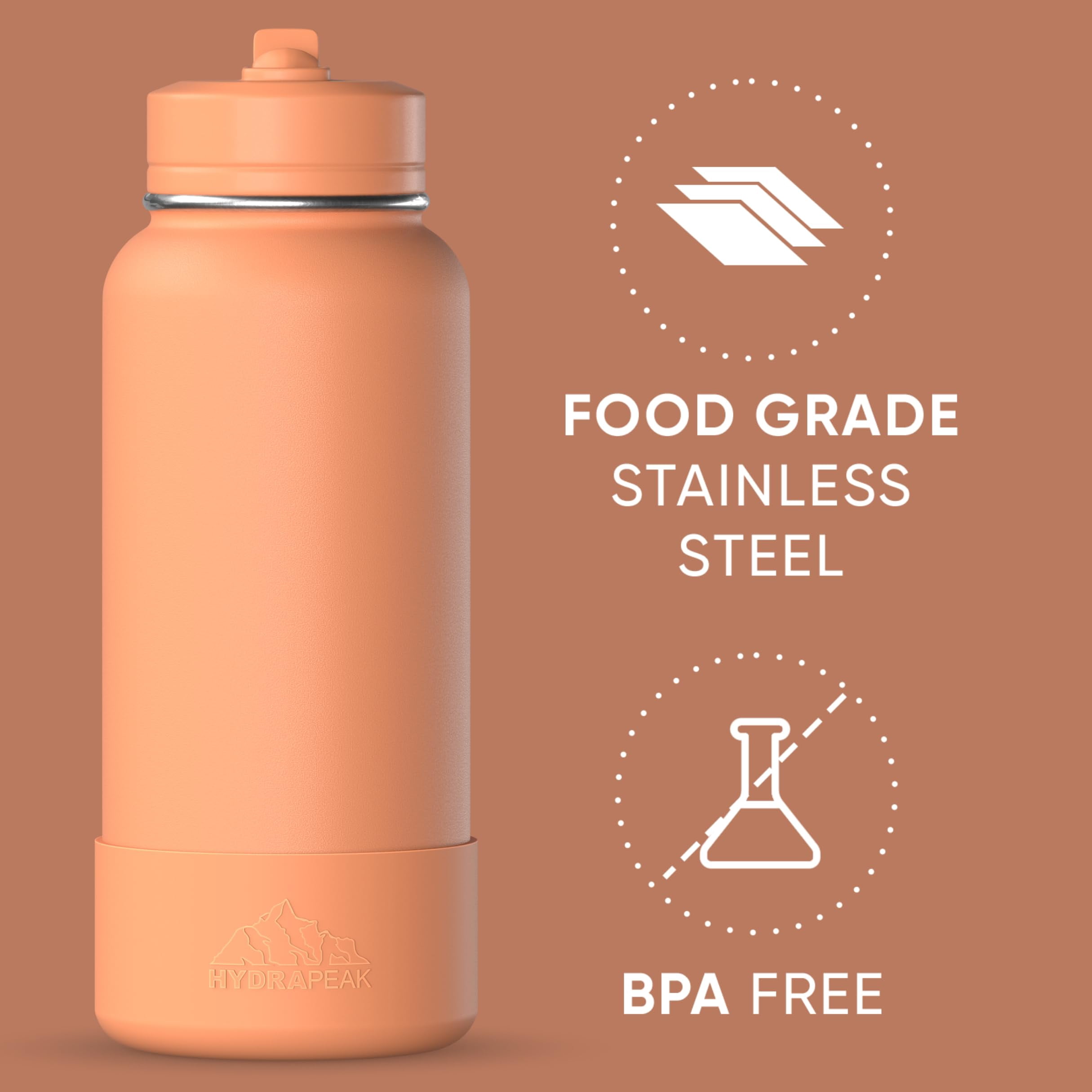 Hydrapeak 32oz Sport Insulated Water Bottle with Straw or Chug Lid, Leak & Spill Proof, Keeps Drinks Cold for 24 Hours, Hot for 12 Hours, Premium Stainless Steel Water Bottles (32oz, Apricot Crush)