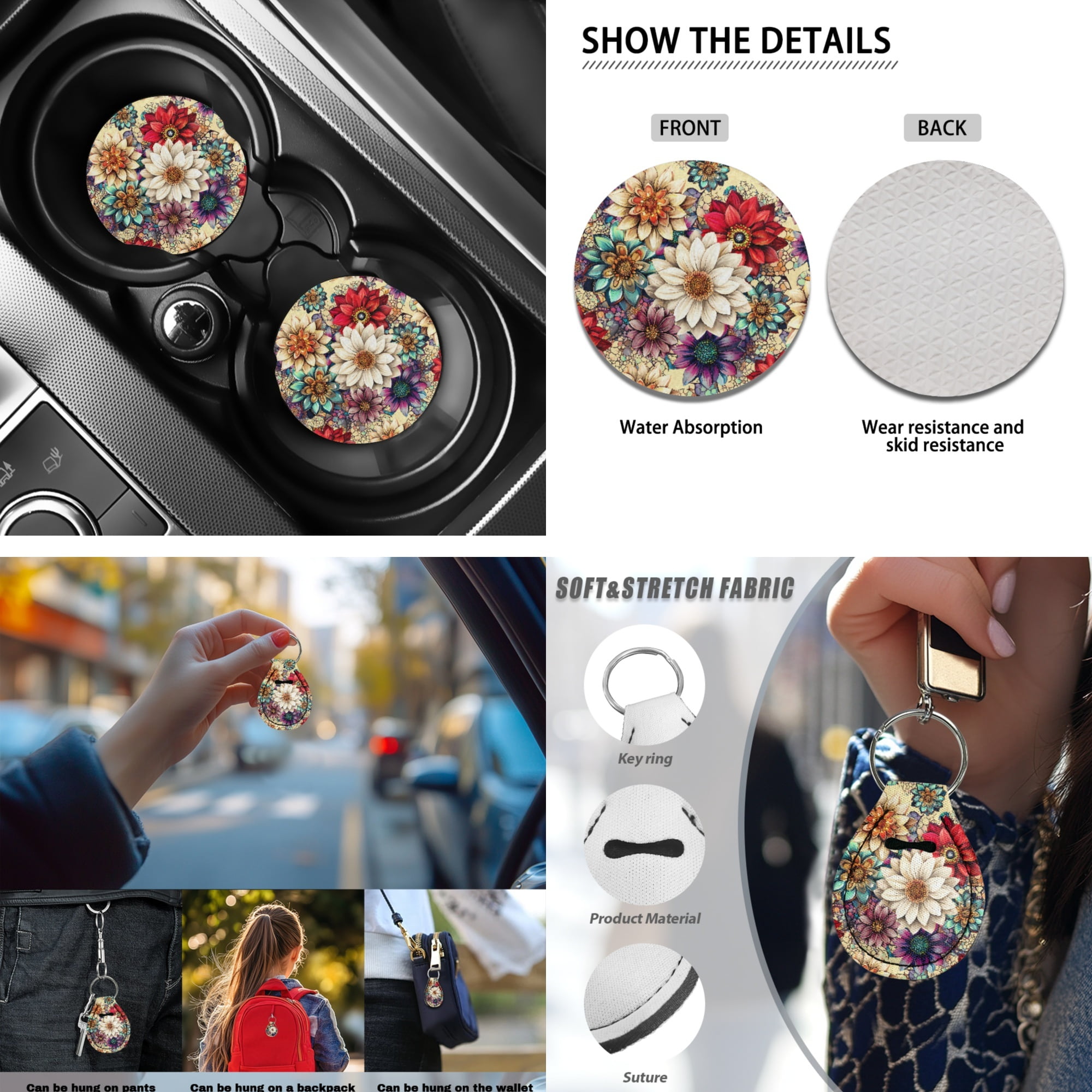Jeiento Dahlia Car Seat Cover Full Set with Steering Wheel Cover Seat Belt Cover Armrest Cover Coaster Auto Keychain Holder Lip Balm Holder, 13 PCS Automobile Accessories Decor
