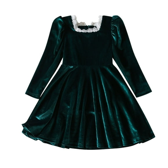 Girls Velvet Dress Lace Trim Square Neck Puff Long Sleeve Party Swing Dress 2-8T Birthday Formal Girl Clothes (6-7T, Green)