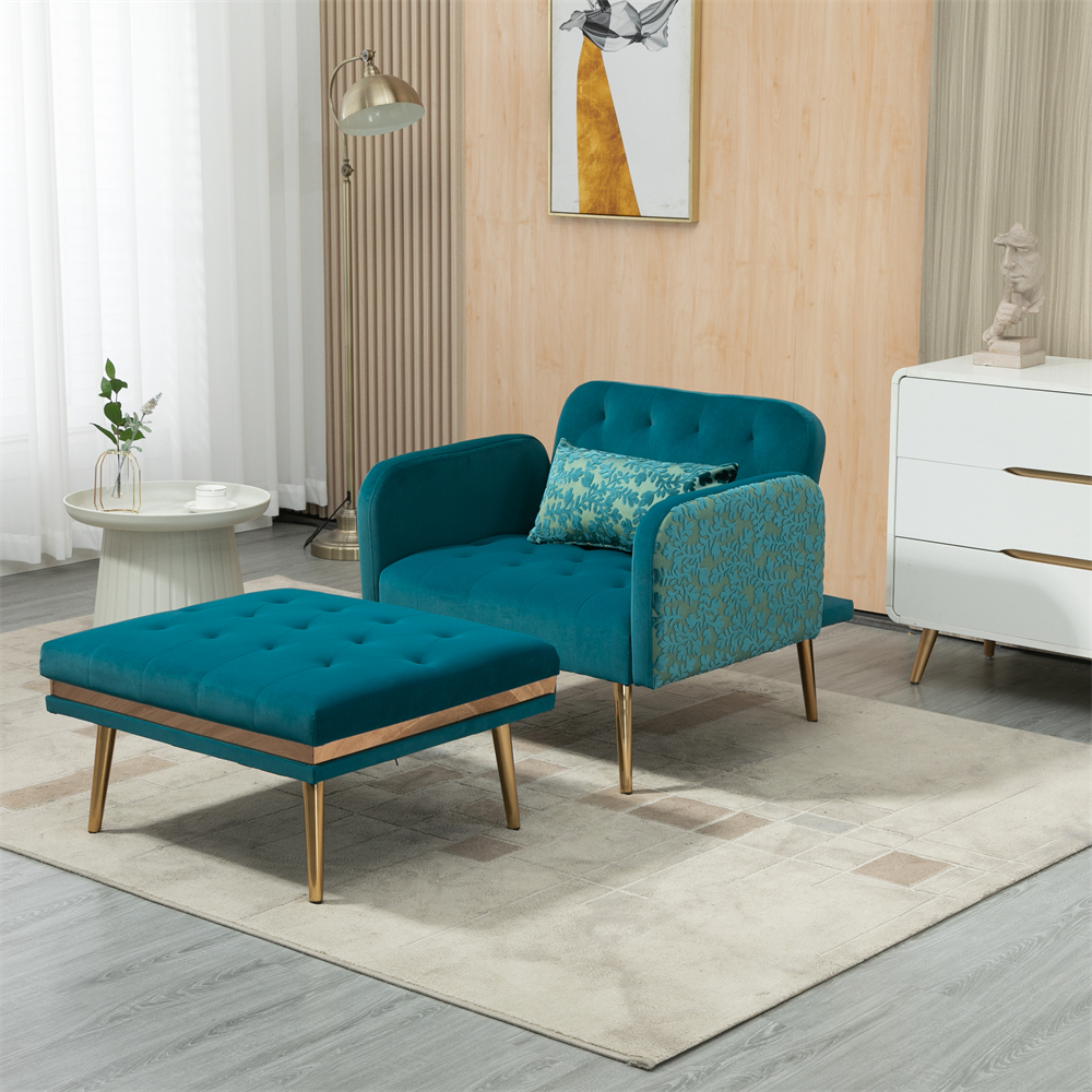 Velvet Chaise Lounge Chair with Ottoman, Modern Sofa Bed Chair with ...