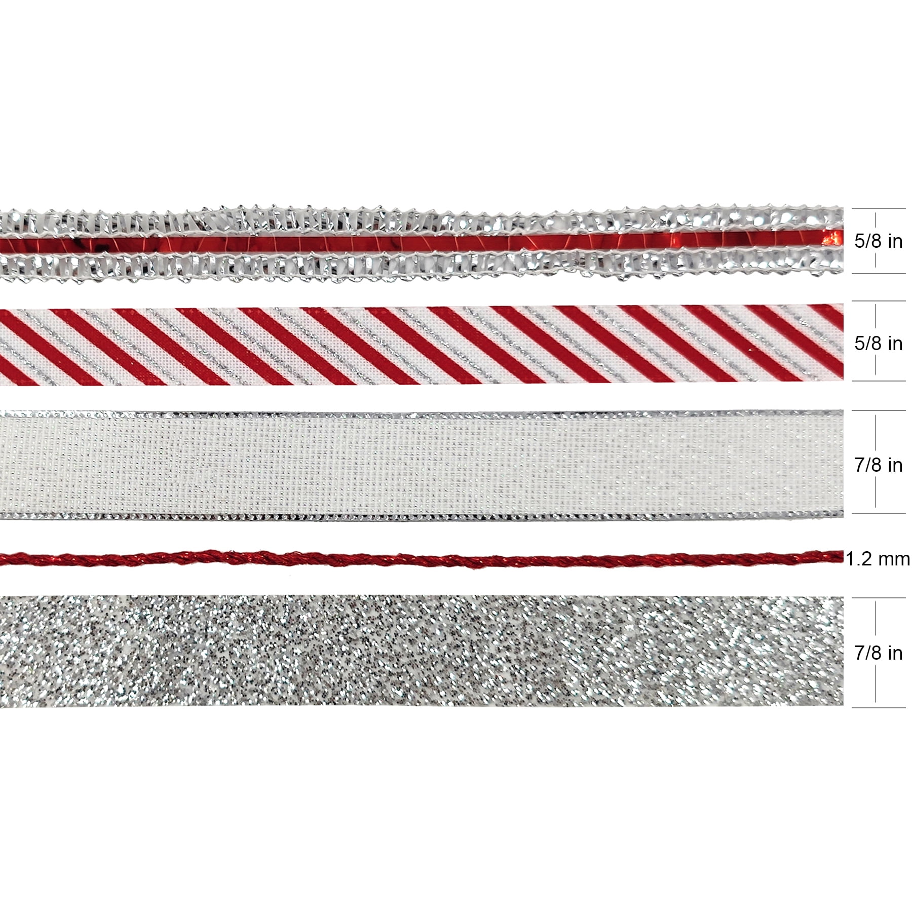 Holiday Time Red/Silver Polyester Christmas Ribbon Assortment, 5 Count, RED SILVER RBN SET